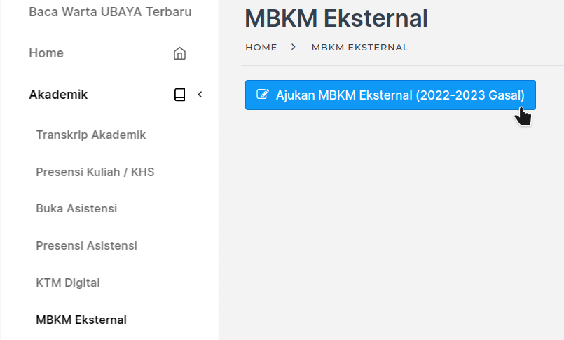 Tampilan menu MyUBAYA MBKM Eksternal - 2